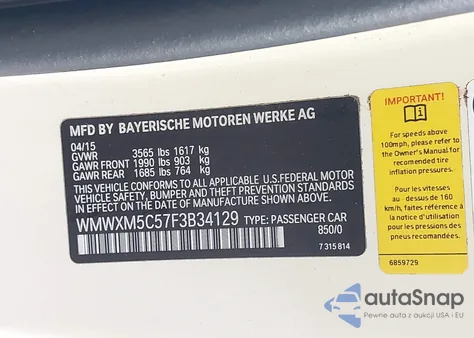 2015 Mini Hardtop Cooper z USA, uszkodzony, nr VIN WMWXM5C57F3B34129